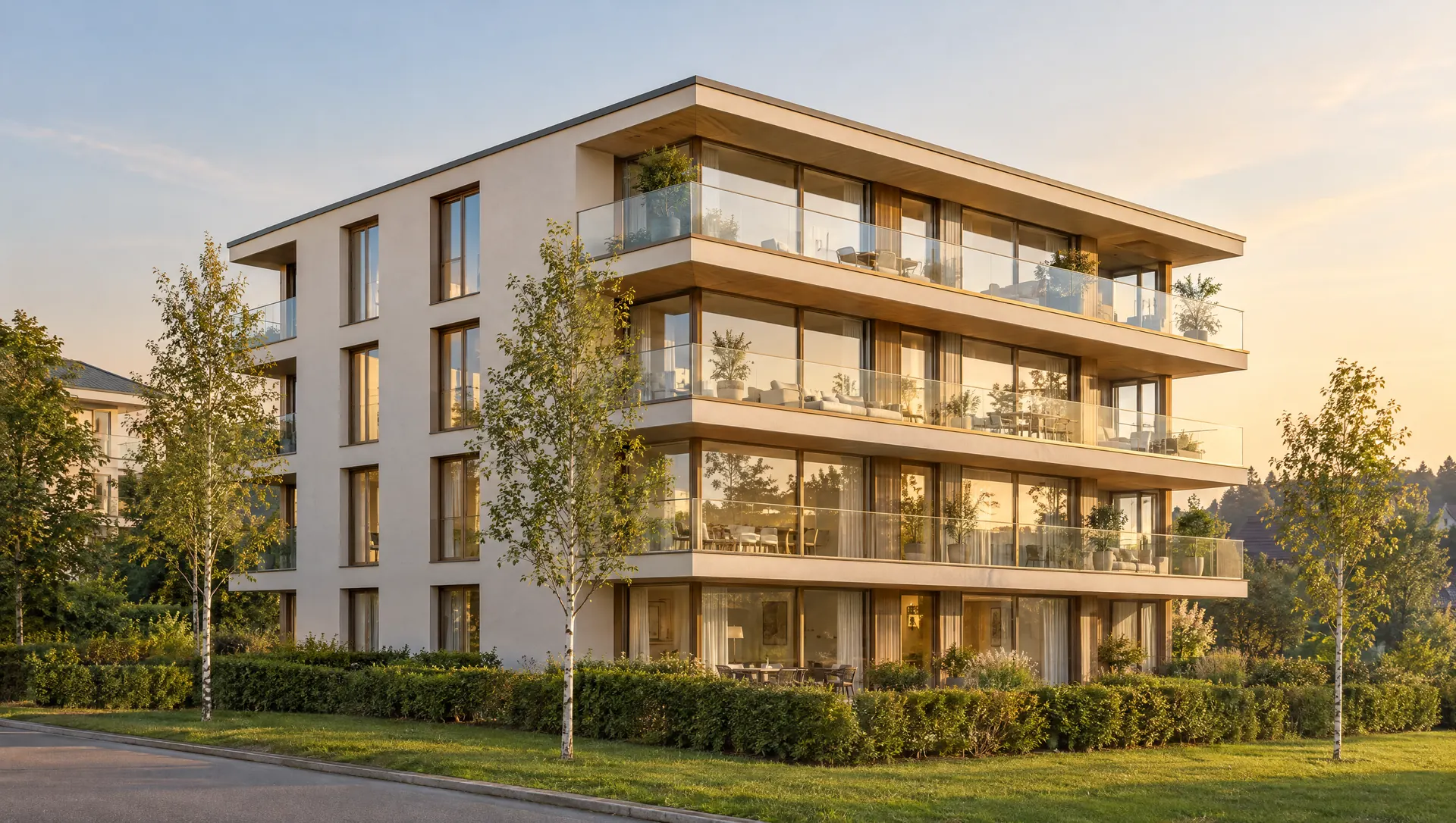 Modernes Mehrfamilienhaus im Abendlicht