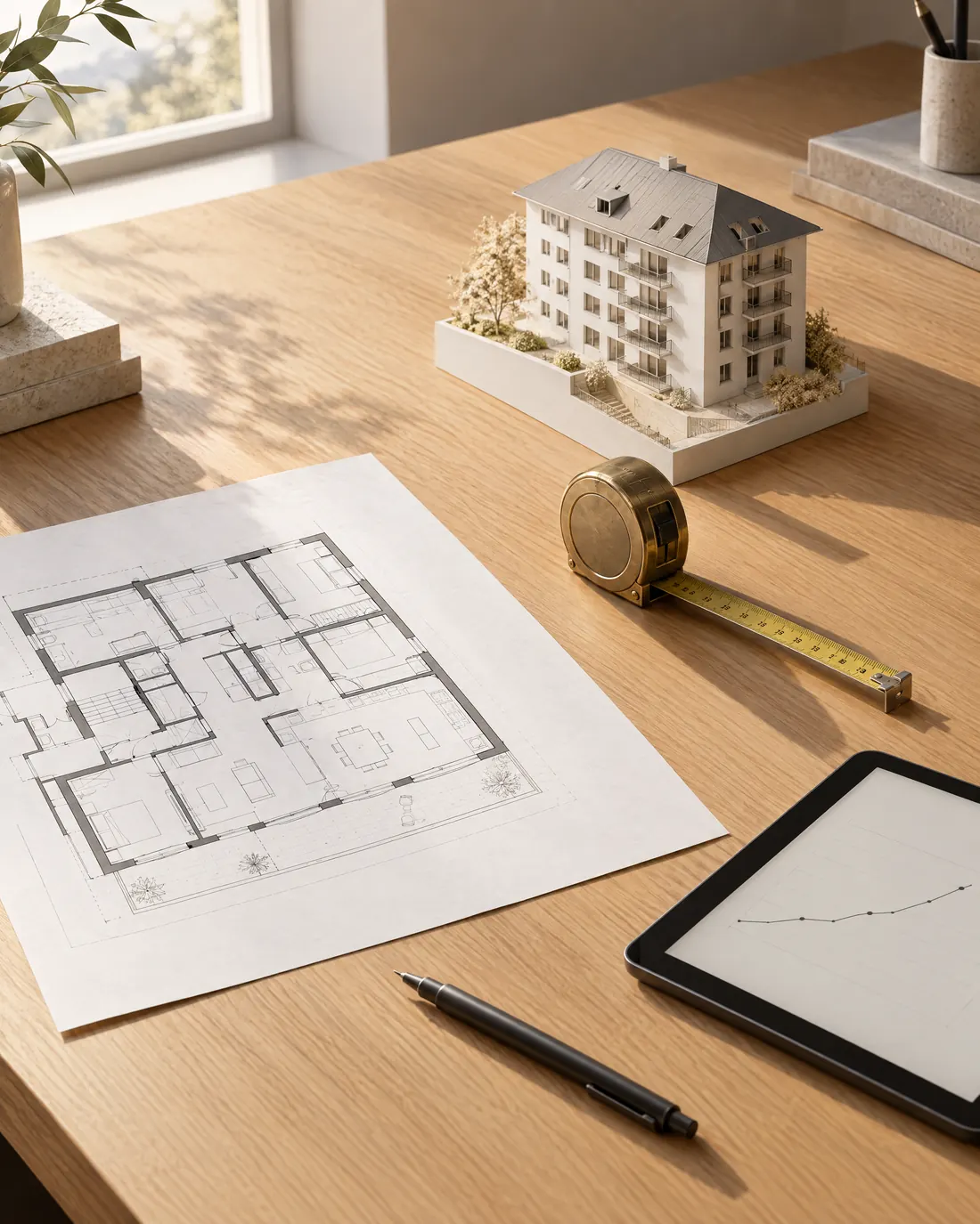 Architekturmodell, Grundriss und Messband auf einem Eichentisch