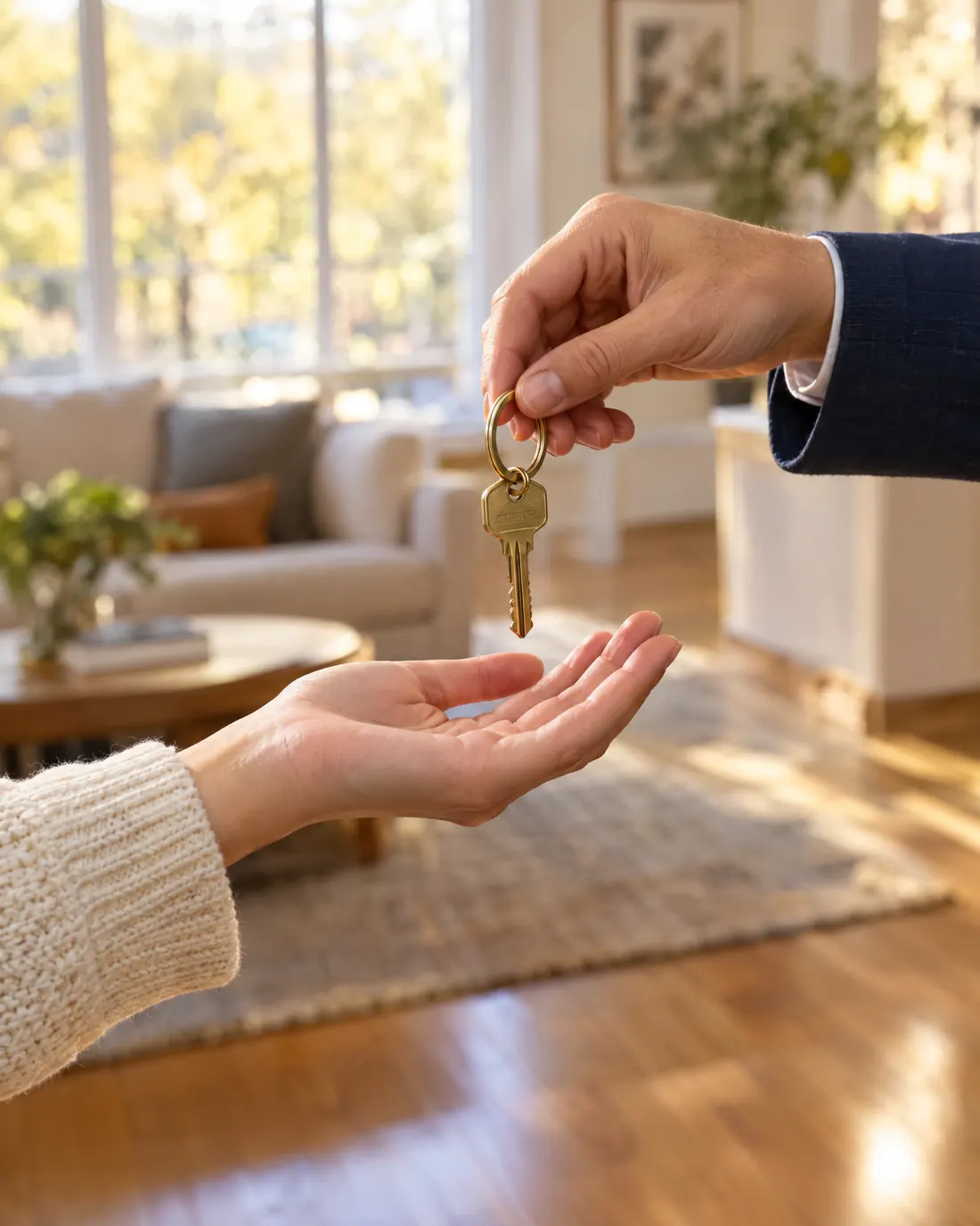 Übergabe eines Hausschlüssels in einer hellen Wohnung