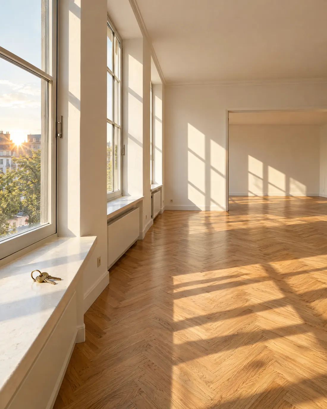 Helle, leere Wohnung mit Fischgratparkett und Schlüssel auf dem Fensterbrett