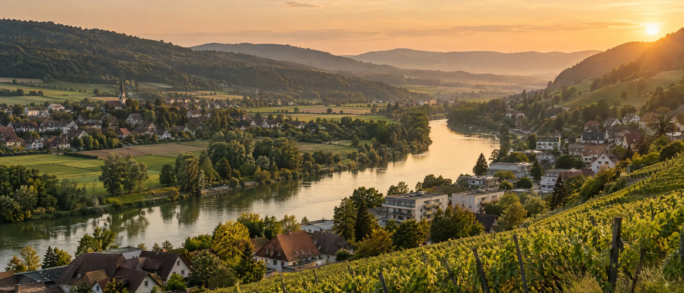 Symbolbild: Flusstal mit Dörfern und Rebhängen im Aargau bei Sonnenuntergang